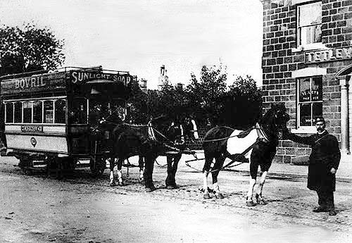 Horse tram, No 58 outside Woodman Hotel, Otley Road, Leeds